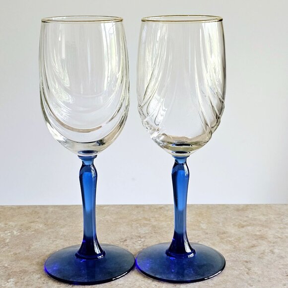 Libbey Crystal Blue Water Wine Glasses 8" Cobalt swag optic vintage gold trim - Picture 5 of 10